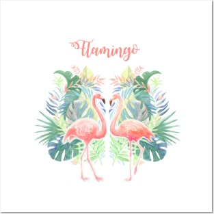 Lovely Fairy Tale For Two Flamingo Tropical Flowers Watercolor Posters and Art